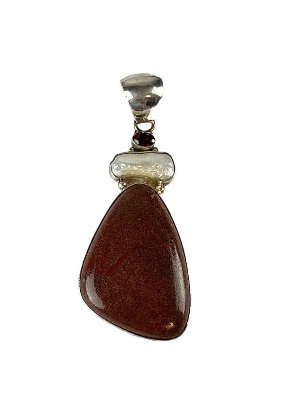 Sterling Silver Dark Red Stone Pendant with Garnet & Pearl - Picture 1 of 6